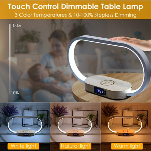 Bedside touch table lamp with clock and wireless charging, image 4 of 8