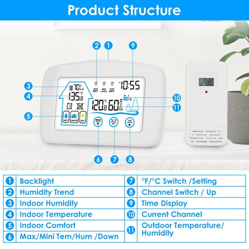 Wireless weather station with clock and outdoor sensor, image 4 of 8