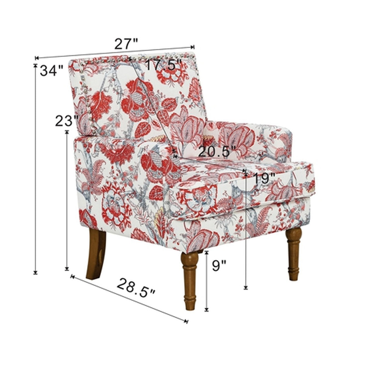 red floral accent chair with nailhead trim, image 4 of 6
