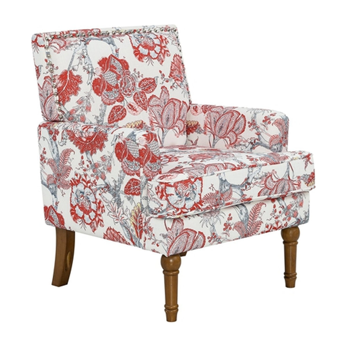 red floral accent chair with nailhead trim, image 1 of 6