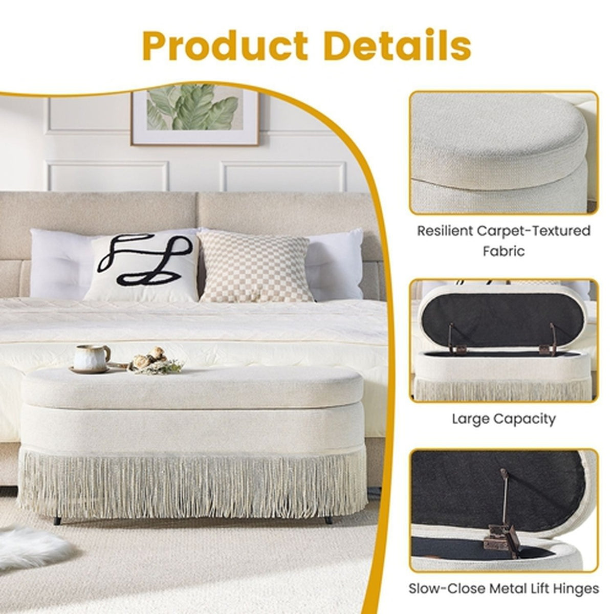 39.4 in beige oval storage ottoman with fringe trim, image 2 of 10
