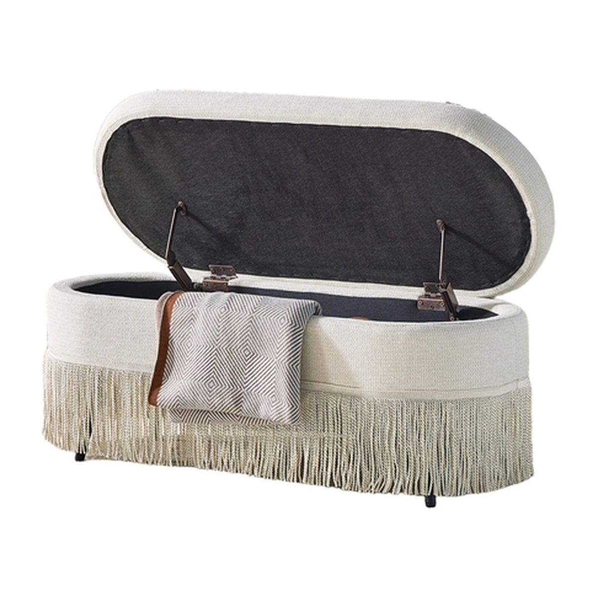 39.4 in beige oval storage ottoman with fringe trim, image 1 of 10