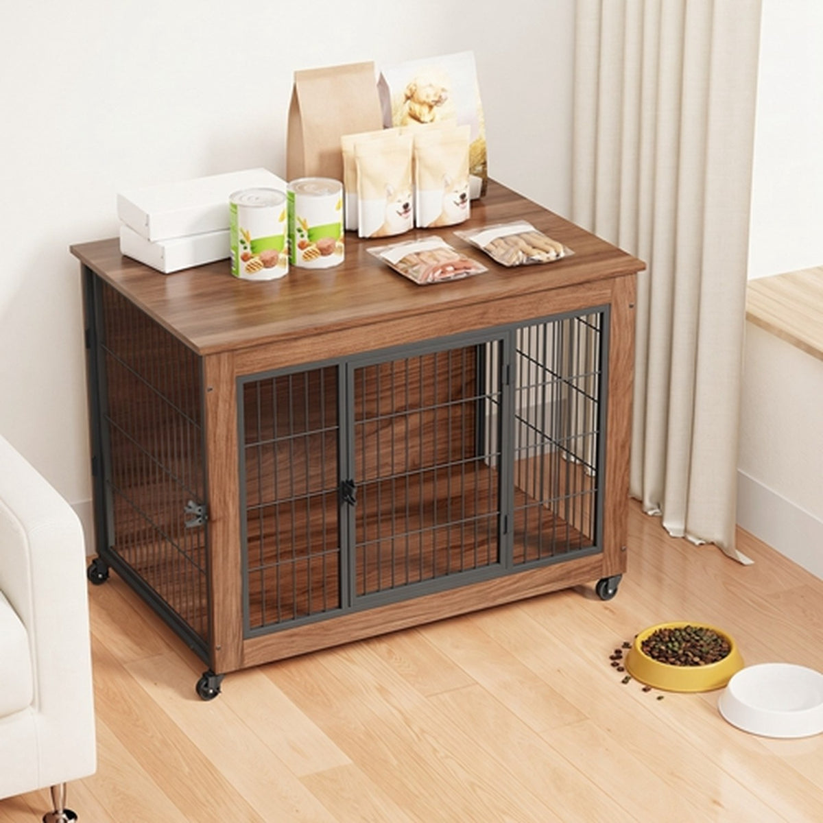 38.6 in dog crate furniture with lockable wheels, image 2 of 10