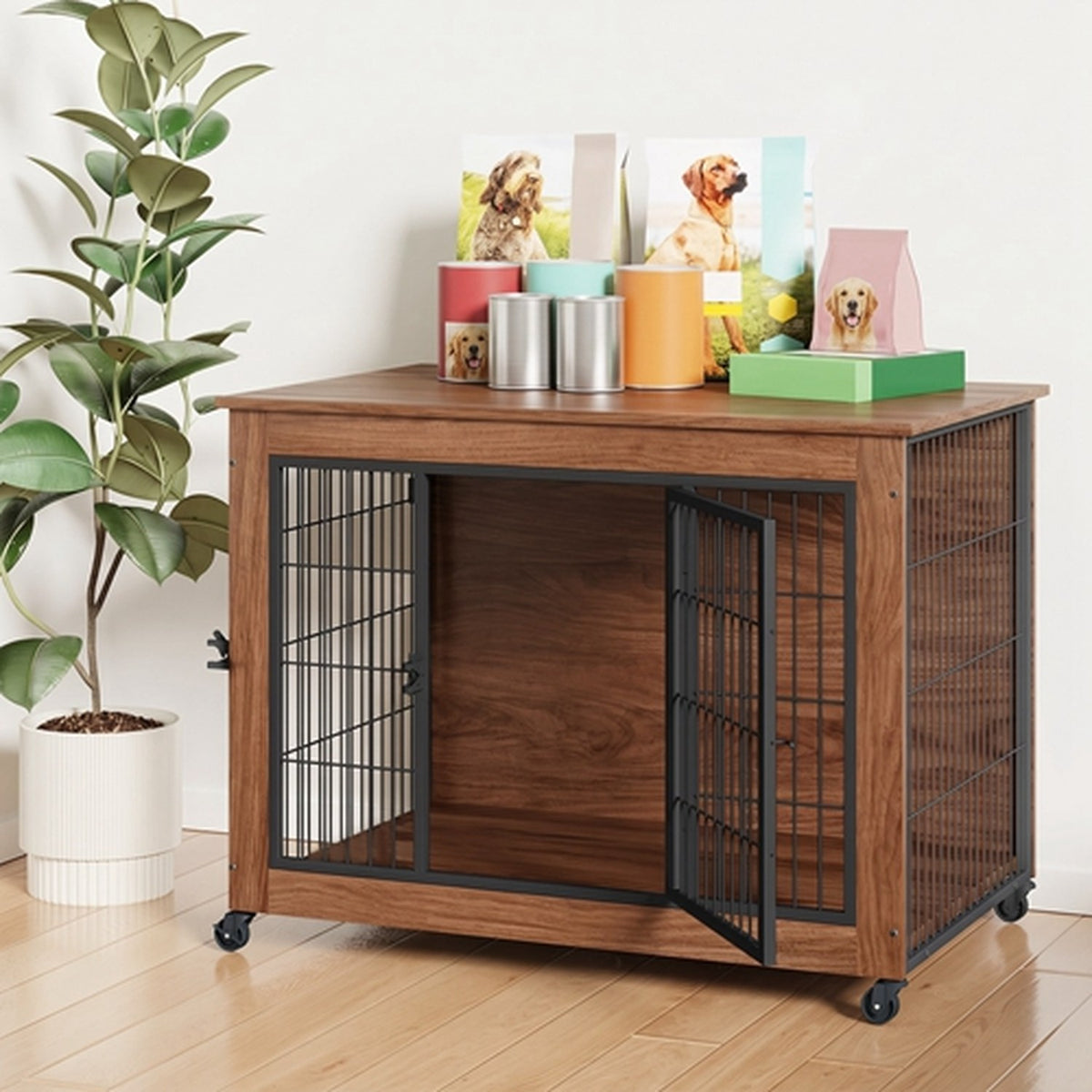 38.6 in dog crate furniture with lockable wheels, image 4 of 10