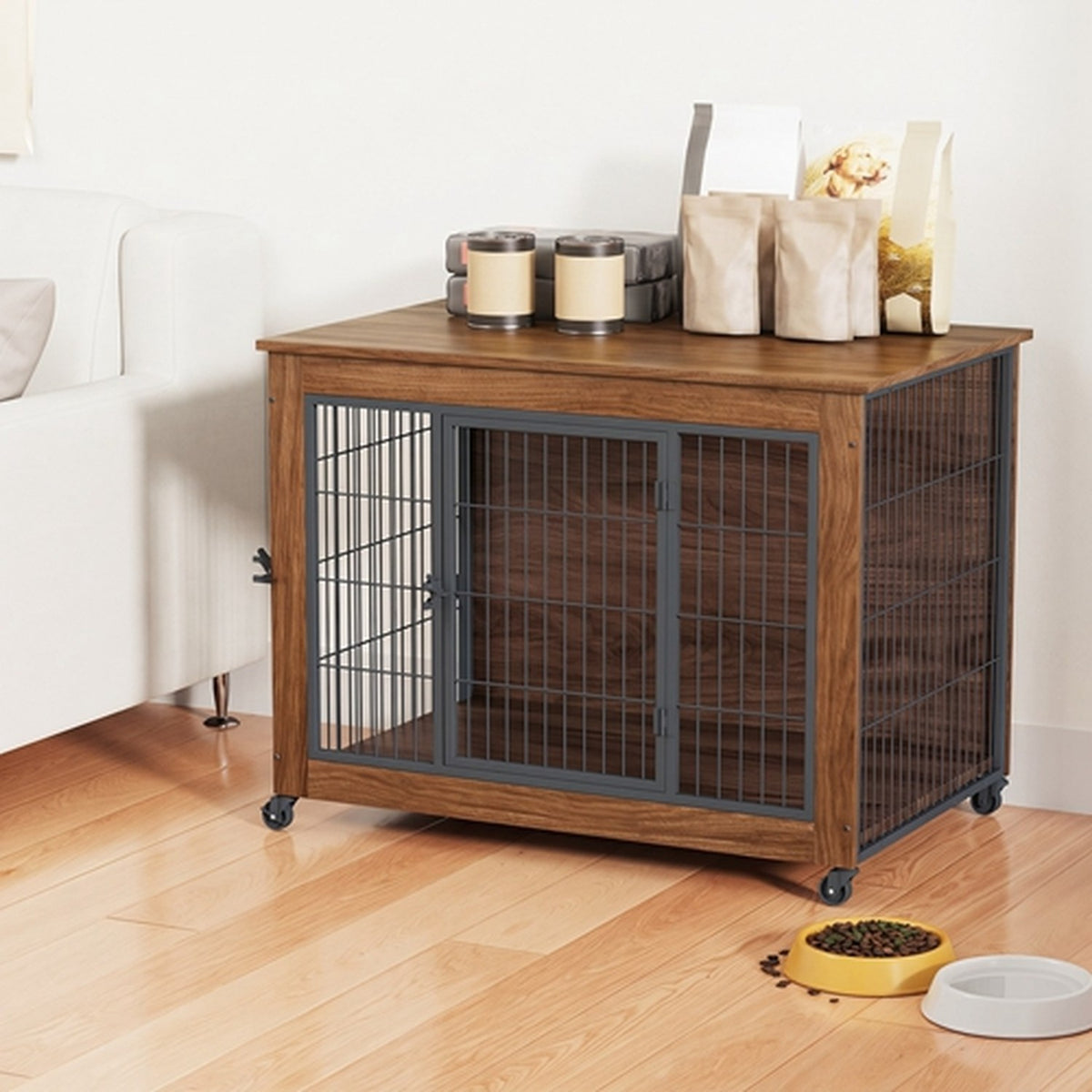 38.6 in dog crate furniture with lockable wheels, image 6 of 10