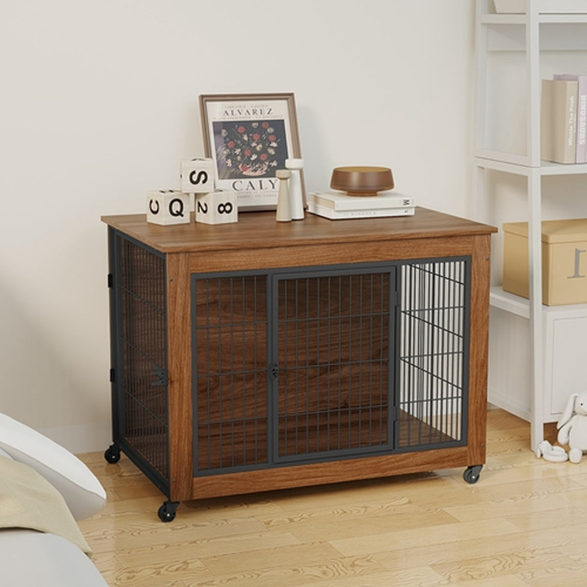 38.6 in dog crate furniture with lockable wheels, image 7 of 10