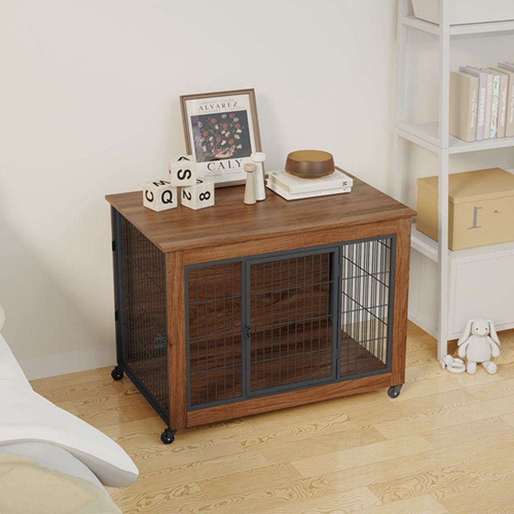 38.6 in dog crate furniture with lockable wheels, image 8 of 10