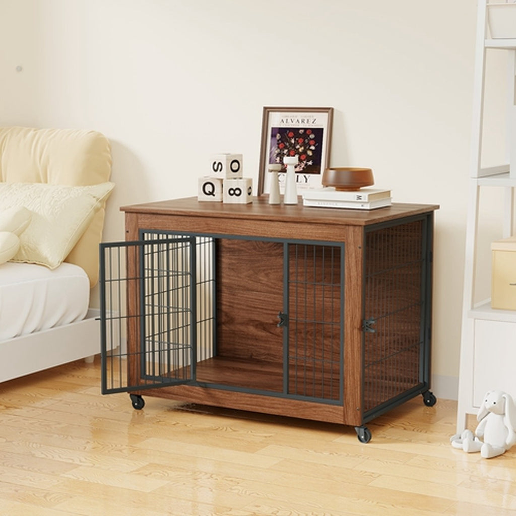 38.6 in dog crate furniture with lockable wheels, image 9 of 10