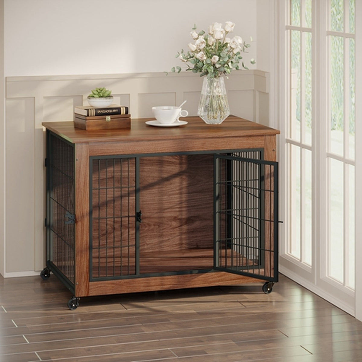 38.6 in dog crate furniture with lockable wheels, image 10 of 10