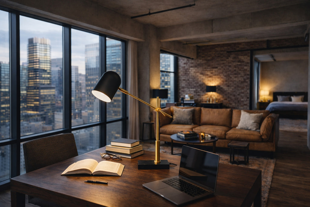 Black dome desk lamp with brass arm on a marble base, image 4 of 5