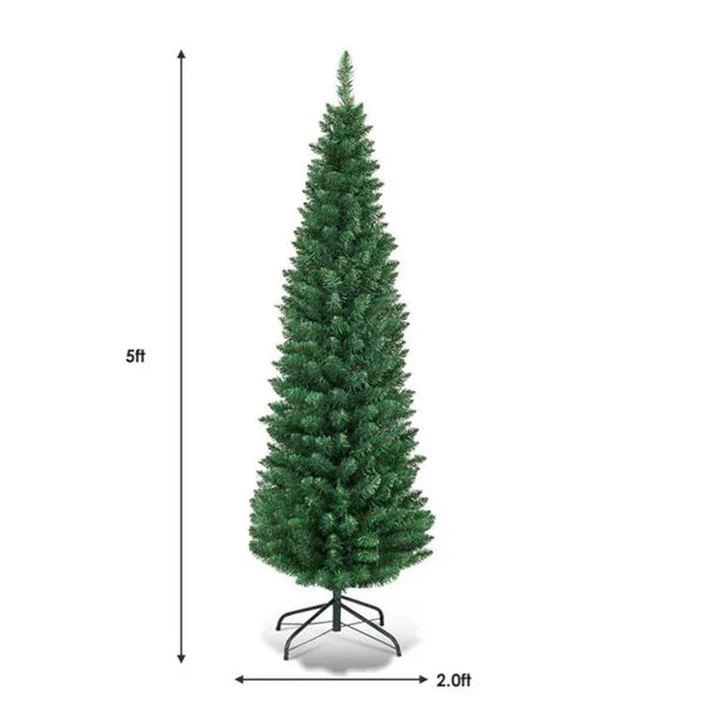 5 ft slim green pencil Christmas tree on a metal stand