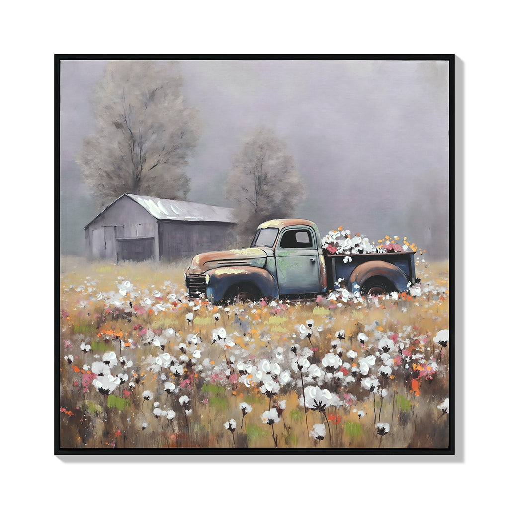 Framed canvas of a vintage truck and barn in a flower field, image 1 of 4