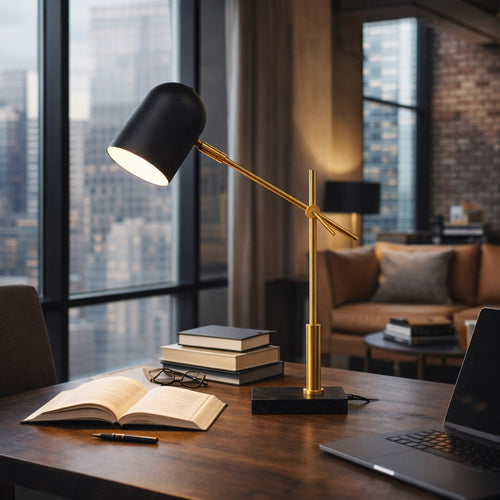 Black dome desk lamp with brass arm on a marble base, image 1 of 5