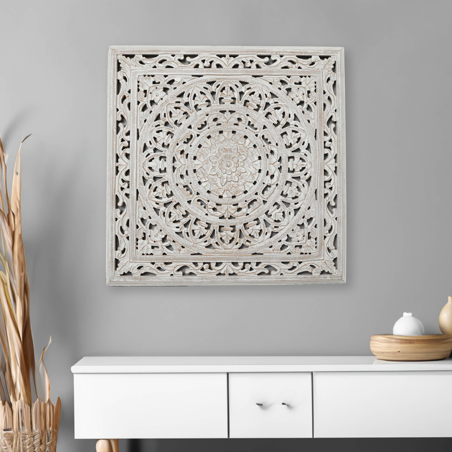 Hand-carved whitewashed wood medallion wall panel, image 1 of 3