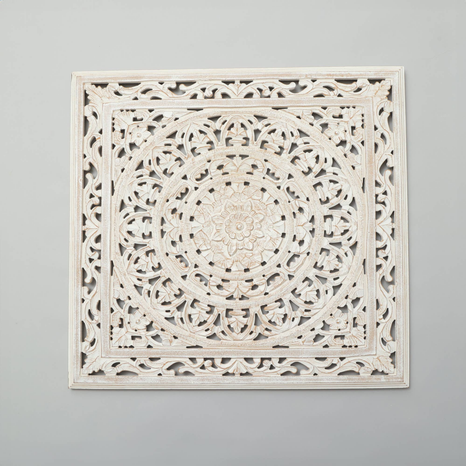Hand-carved whitewashed wood medallion wall panel, image 3 of 3