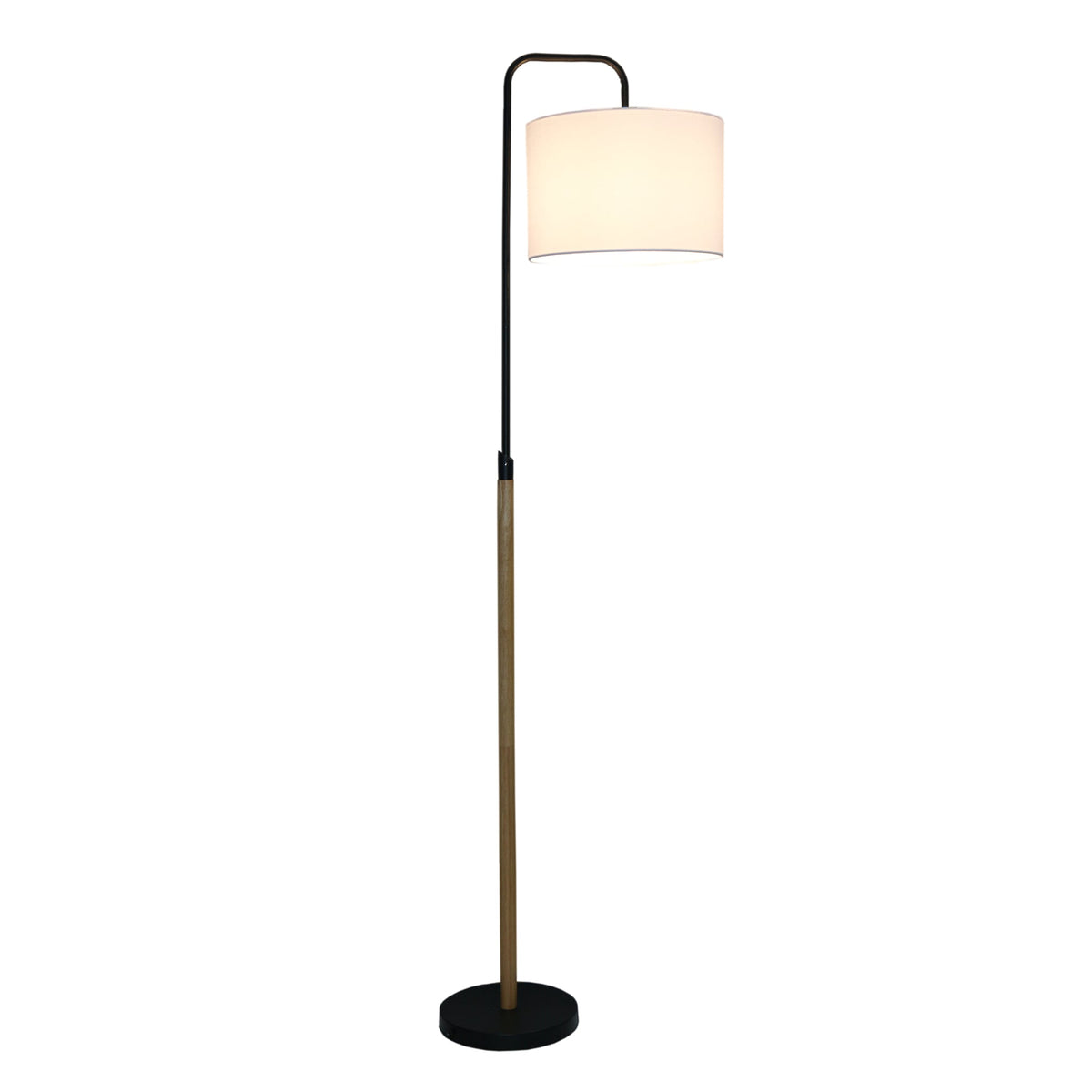 Arched floor lamp with wood pole and white shade, image 3 of 5