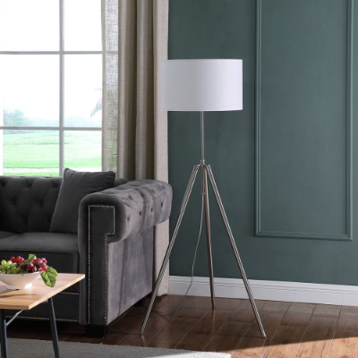 Adjustable silver tripod floor lamp with white drum shade, image 1 of 3