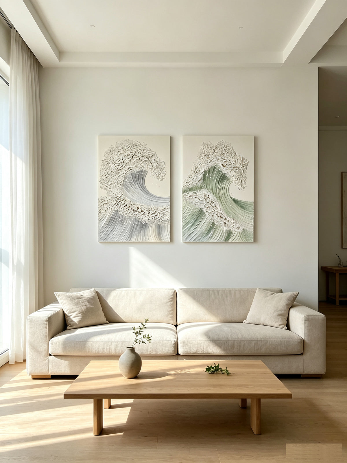 Set of 2 sage ocean wave textured canvas panels, image 3 of 5