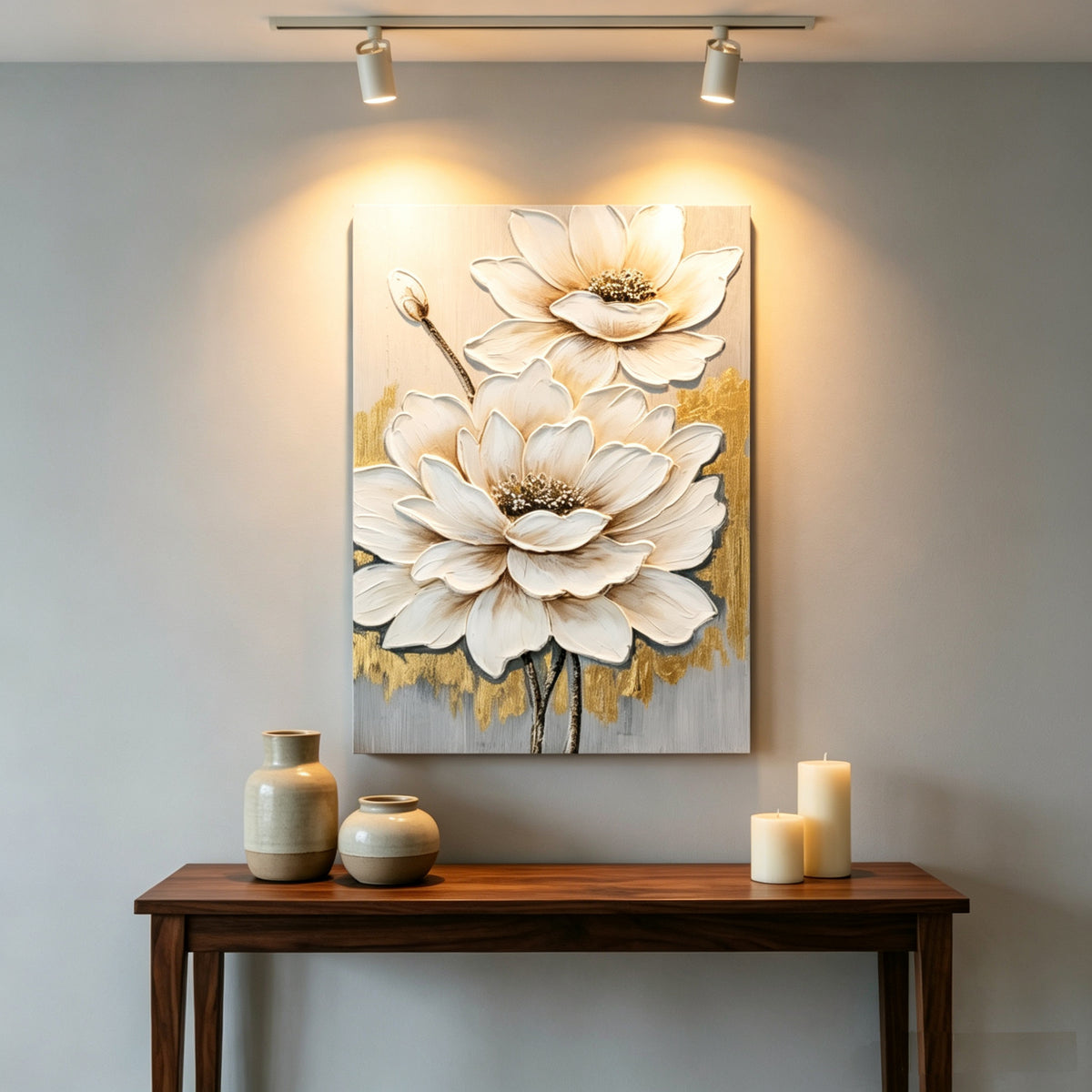 White lotus textured canvas wall art with gold accents, image 2 of 5