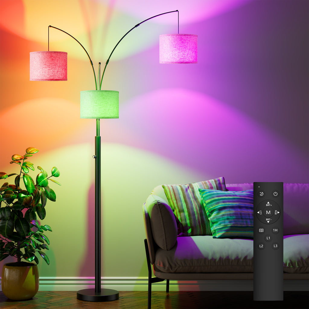 Black three-arm arc floor lamp with drum shades, image 3 of 4
