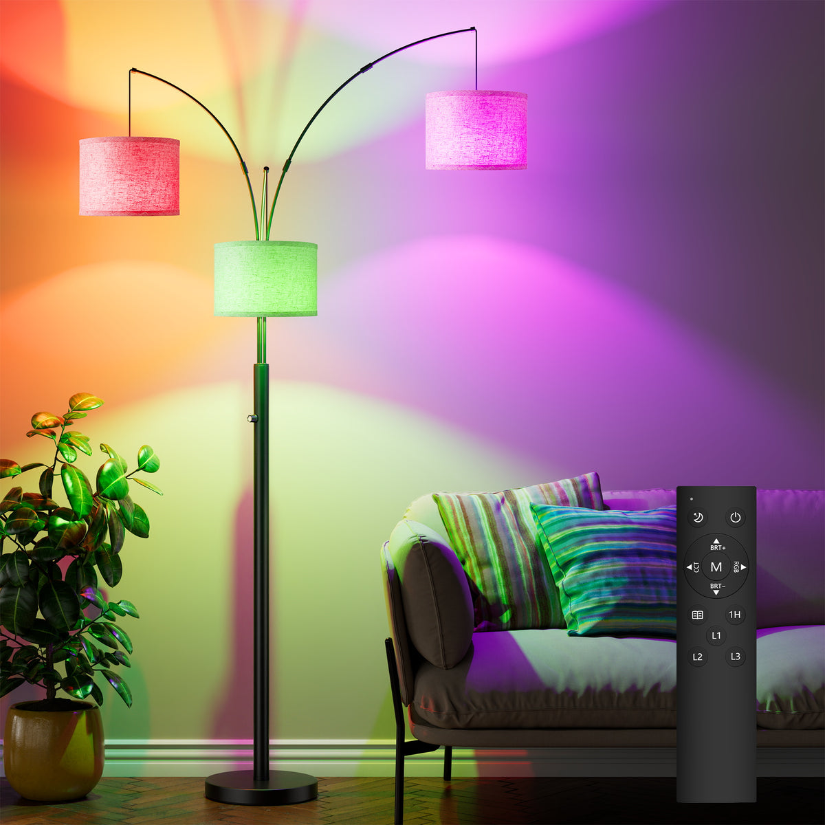Black three-arm arc floor lamp with drum shades, image 3 of 4
