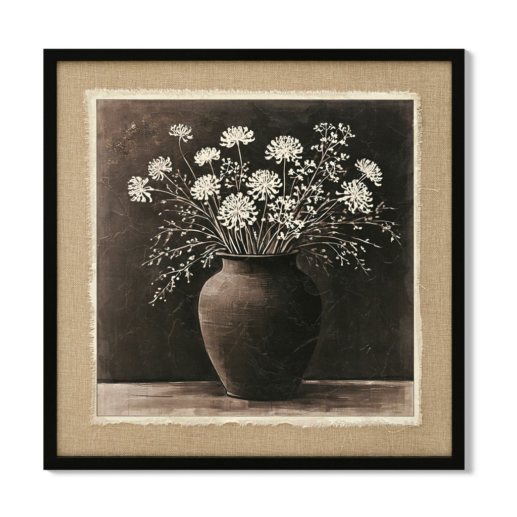 Framed canvas of white flowers in a clay pot, image 1 of 5