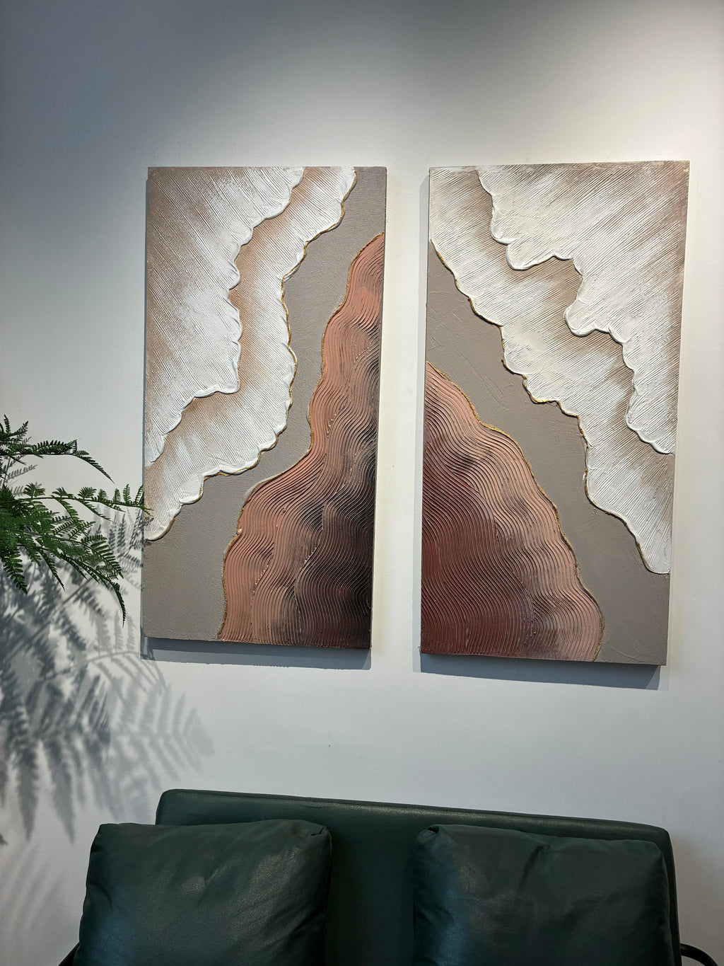 Set of 2 abstract textured canvas panels in white and brown, image 1 of 5