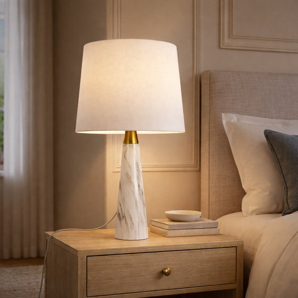 Faux marble table lamp with gold accent and white shade, image 1 of 5