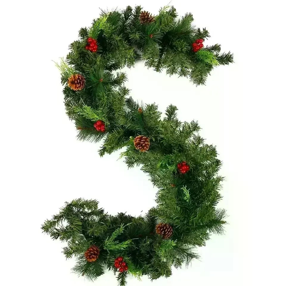 Pine Christmas garland with red berries and pine cones on a mantel, image 4 of 4