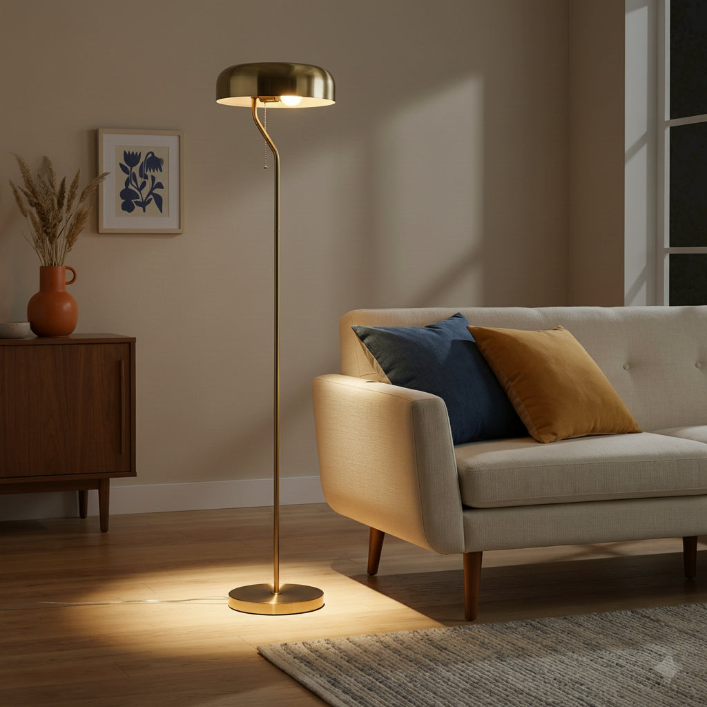Gold dome floor lamp beside a sofa, image 1 of 5