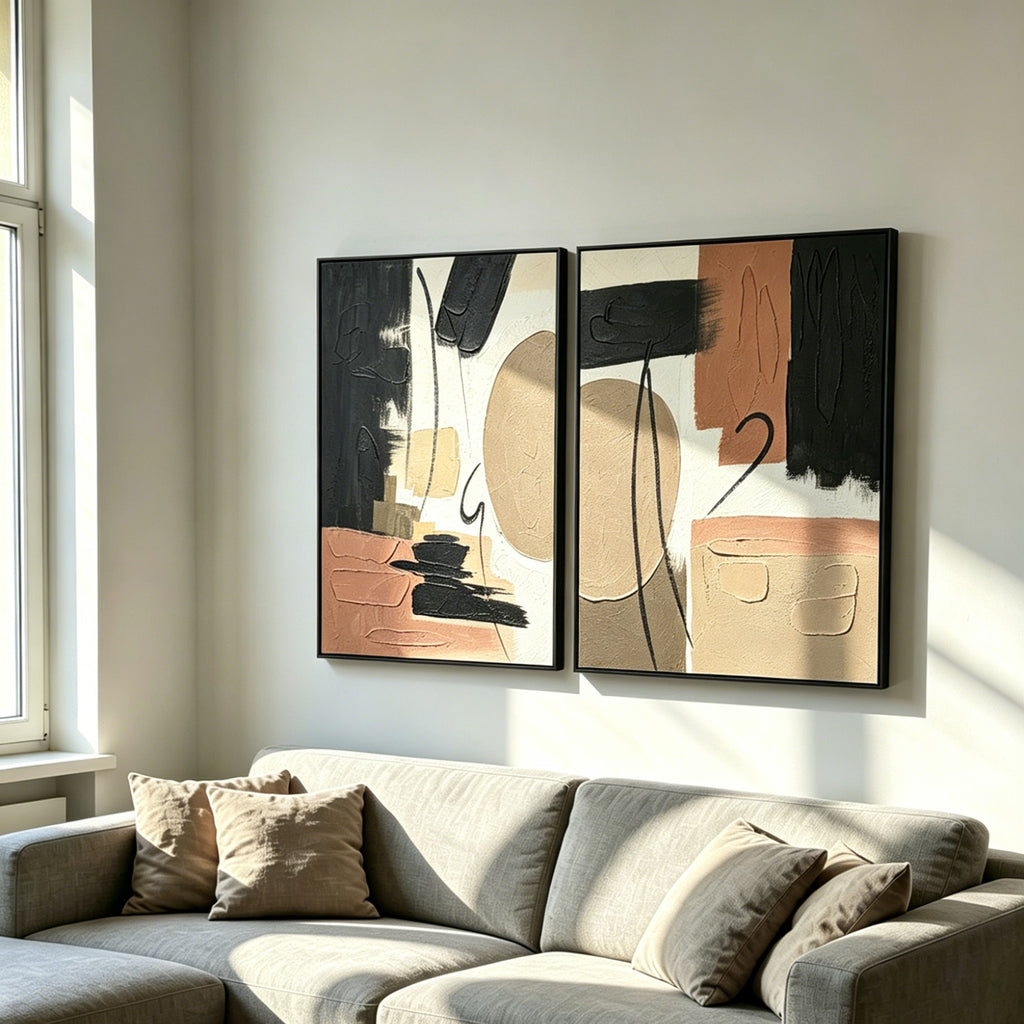 Set of 2 framed abstract canvas panels in black and terracotta, image 2 of 5
