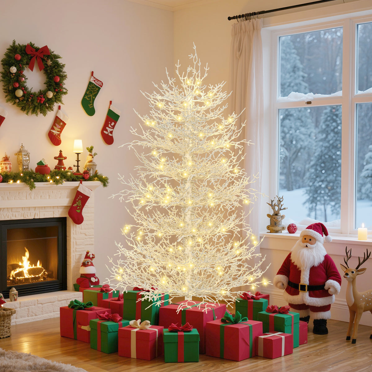 White flocked pre-lit Aspen fir tree by a fireplace, image 3 of 4