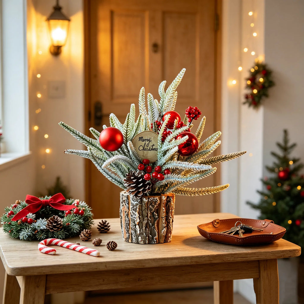 Frosted tabletop Christmas tree in a bark pot, image 5 of 6