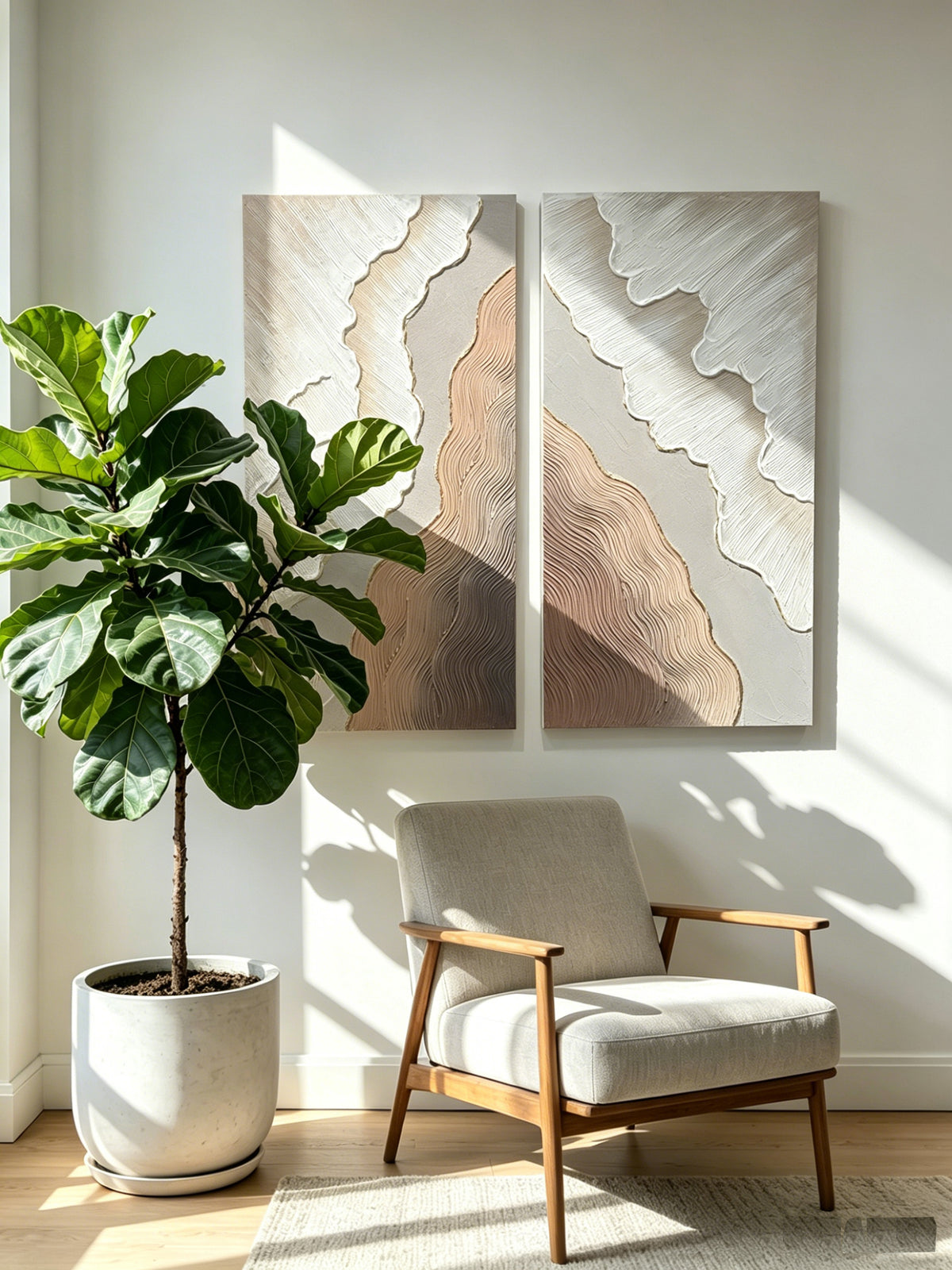 Set of 2 abstract textured canvas panels in white and brown, image 3 of 5