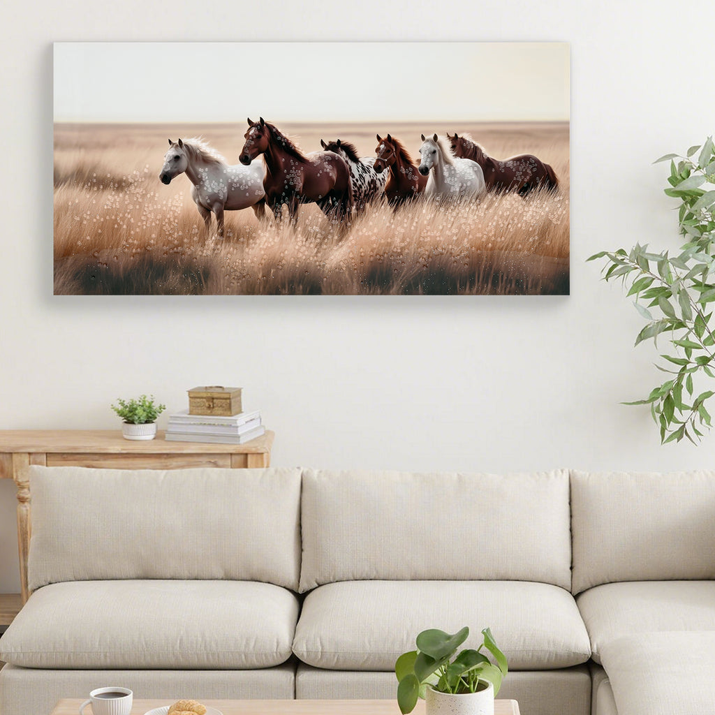 Canvas of horses in golden grassland above a sofa, image 2 of 4