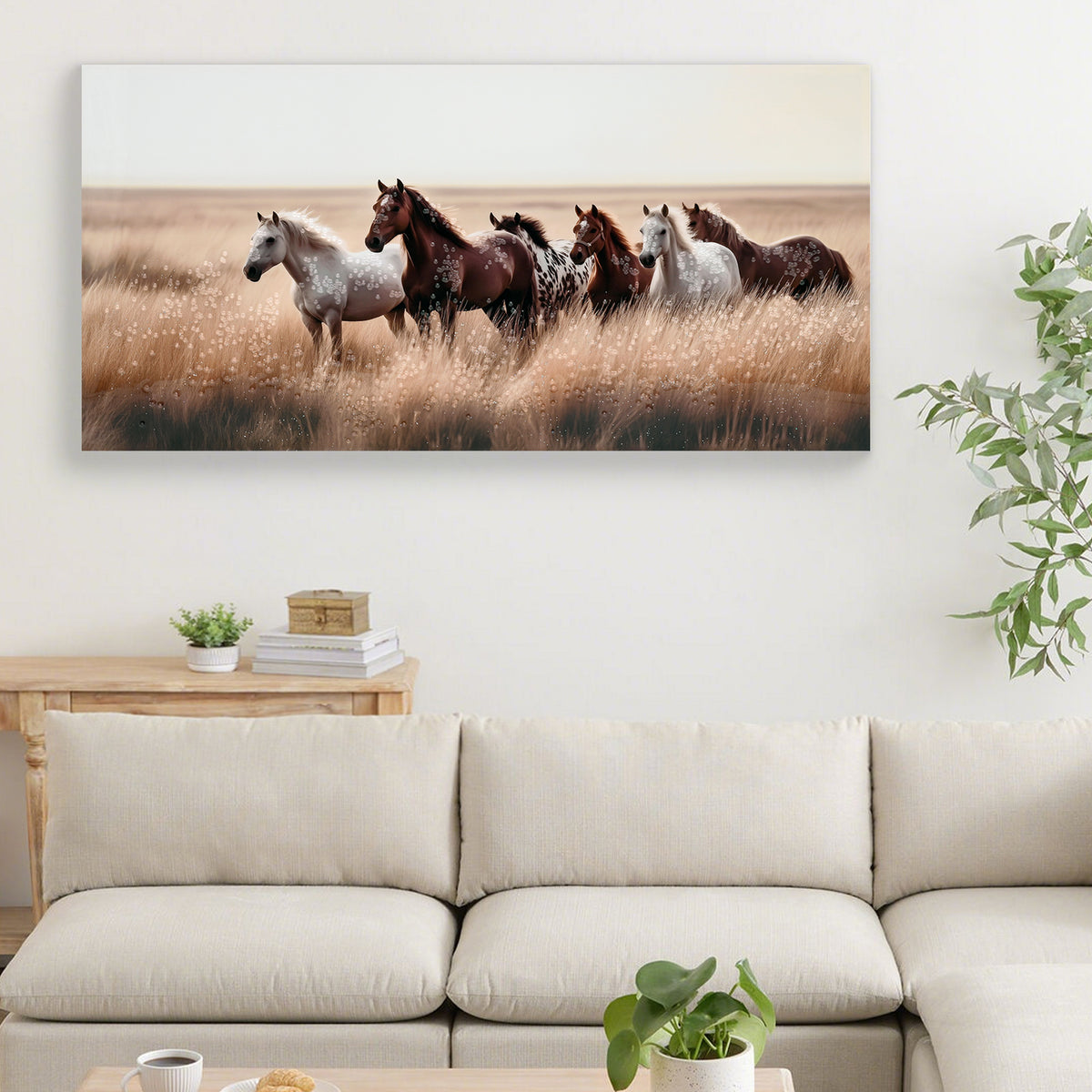 Canvas of horses in golden grassland above a sofa, image 2 of 4