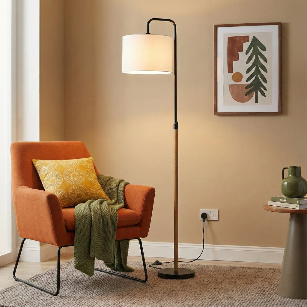 Arched floor lamp with wood pole and white shade, image 1 of 5