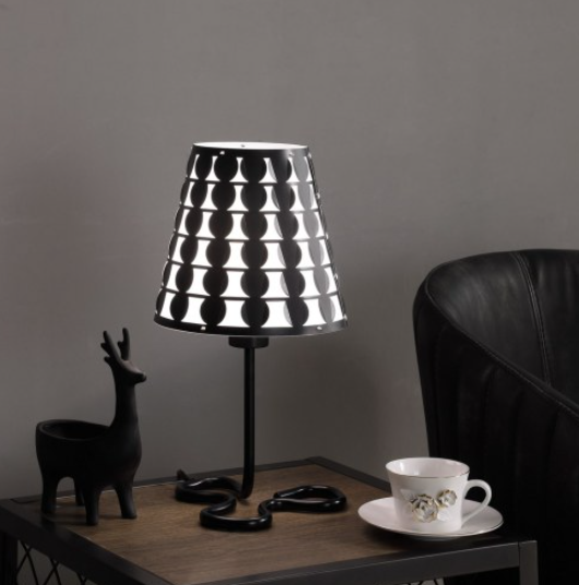 Black geometric metal table lamp with circle-pattern shade, image 1 of 5