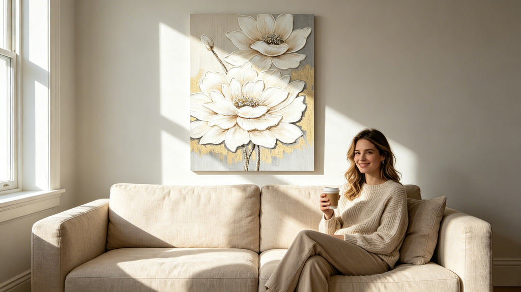 White lotus textured canvas wall art with gold accents, image 3 of 5
