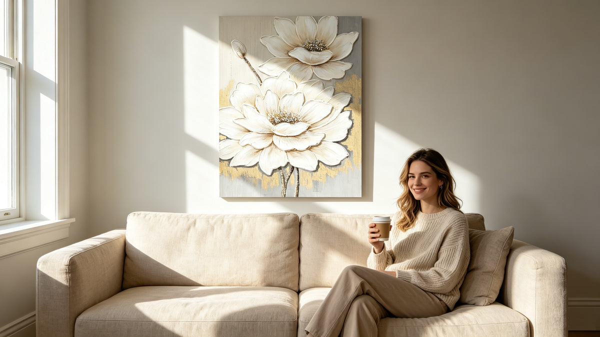 White lotus textured canvas wall art with gold accents, image 3 of 5