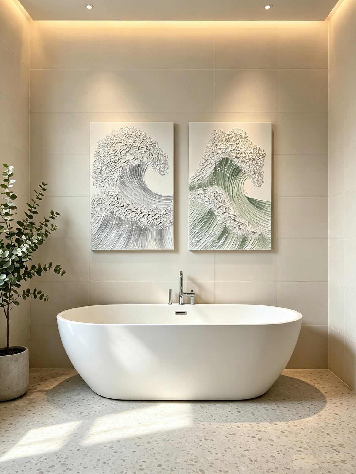 Set of 2 sage ocean wave textured canvas panels, image 2 of 5