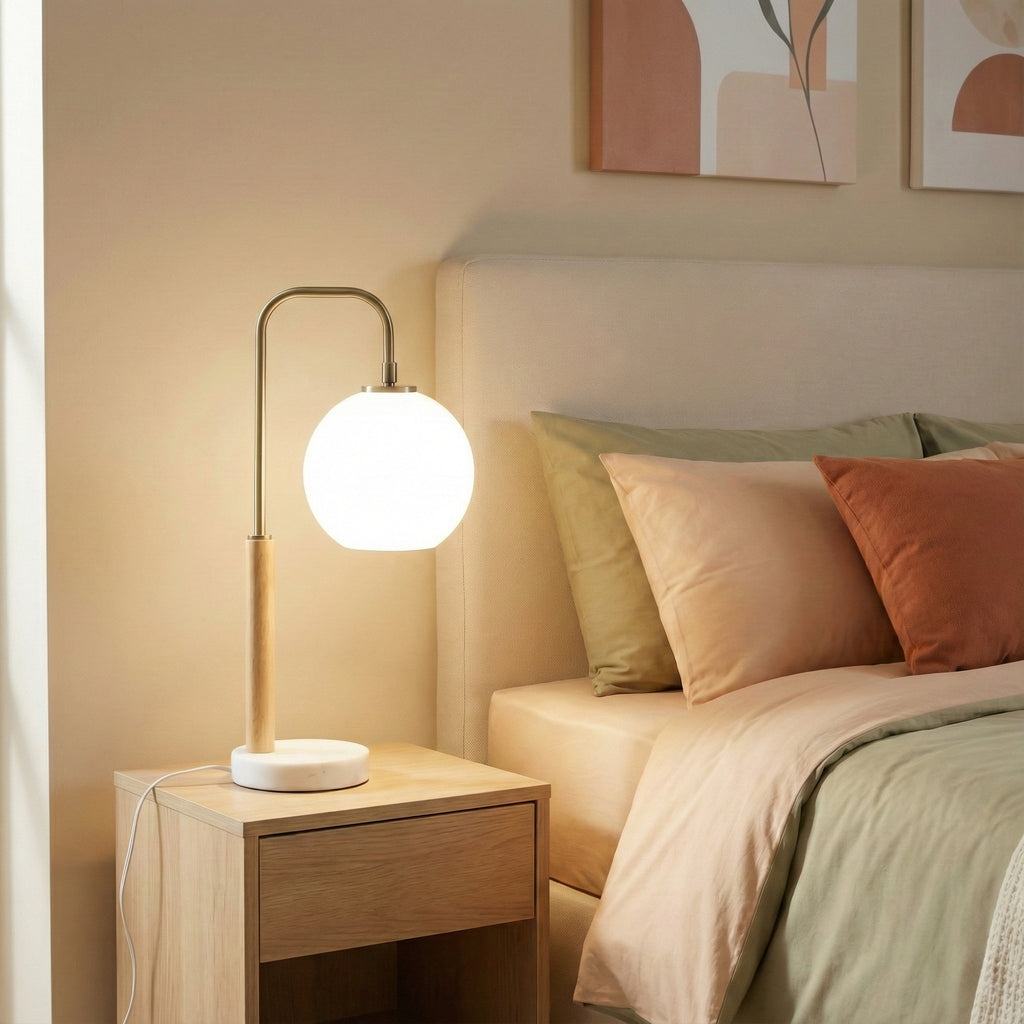 White globe table lamp with wood stem and marble base, image 1 of 5