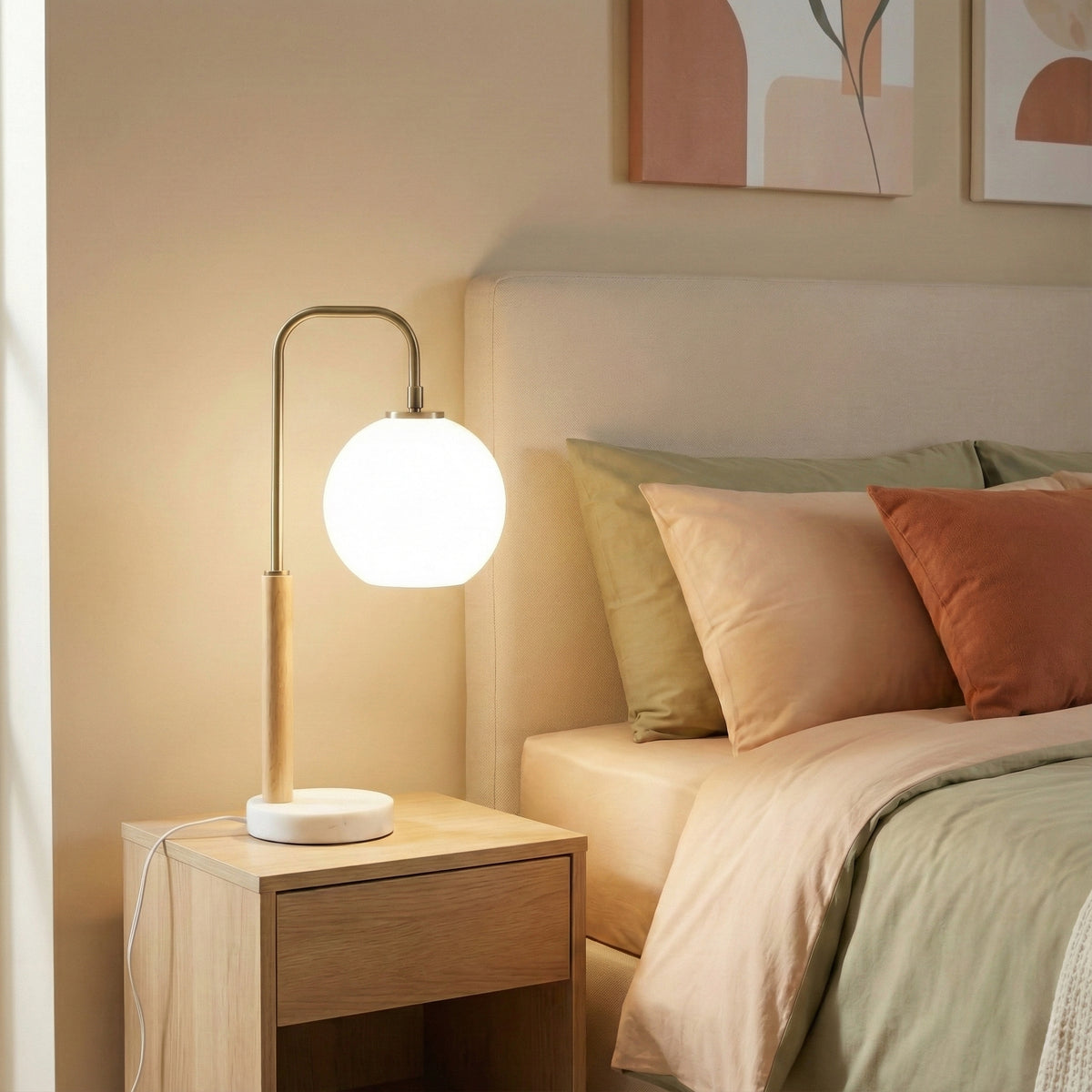 White globe table lamp with wood stem and marble base, image 1 of 5
