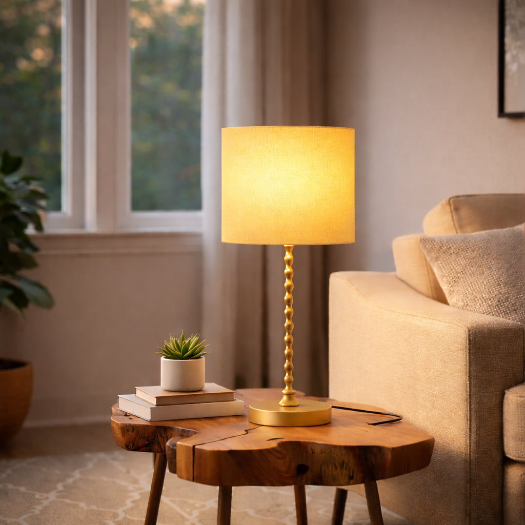 Ochre bobbin table lamp with linen-look shade, image 2 of 3