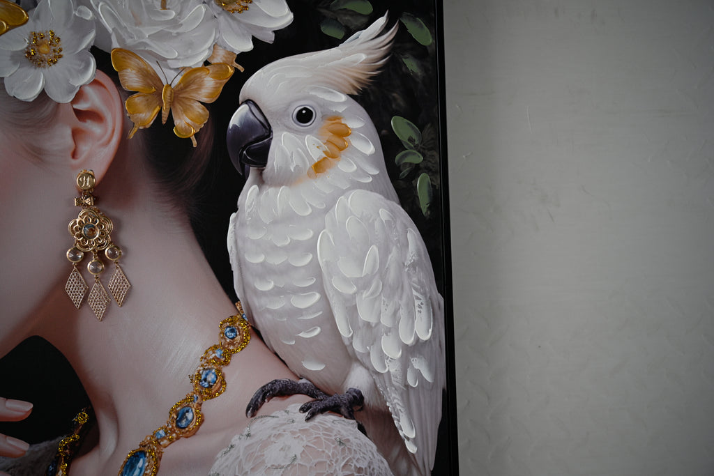Framed canvas of a woman with white flowers and gold butterflies, image 4 of 4