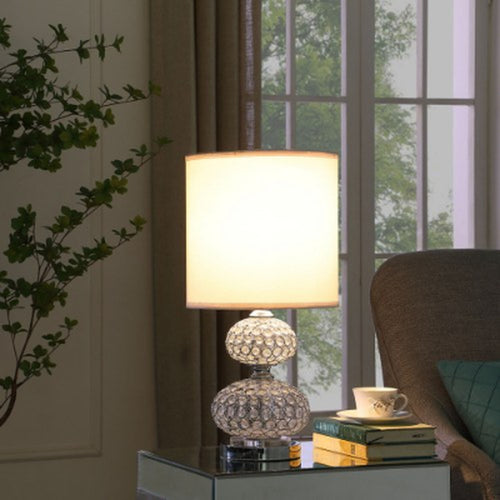 Chrome crystal-bead table lamp with white drum shade