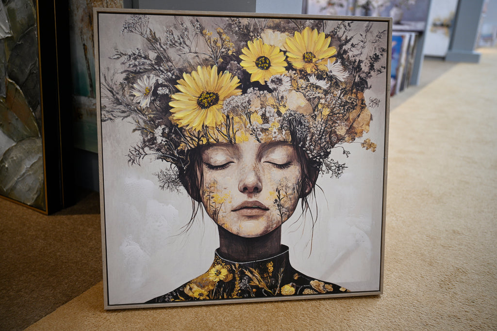 Framed canvas of a woman with yellow sunflowers, image 3 of 4