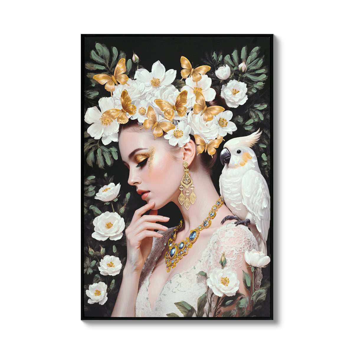 Framed canvas of a woman with white flowers and gold butterflies, image 1 of 4