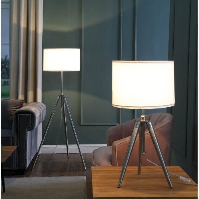 Adjustable silver tripod floor lamp with white drum shade, image 3 of 3