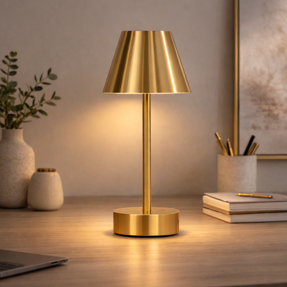 Brass-plated cordless rechargeable table lamp, image 1 of 5